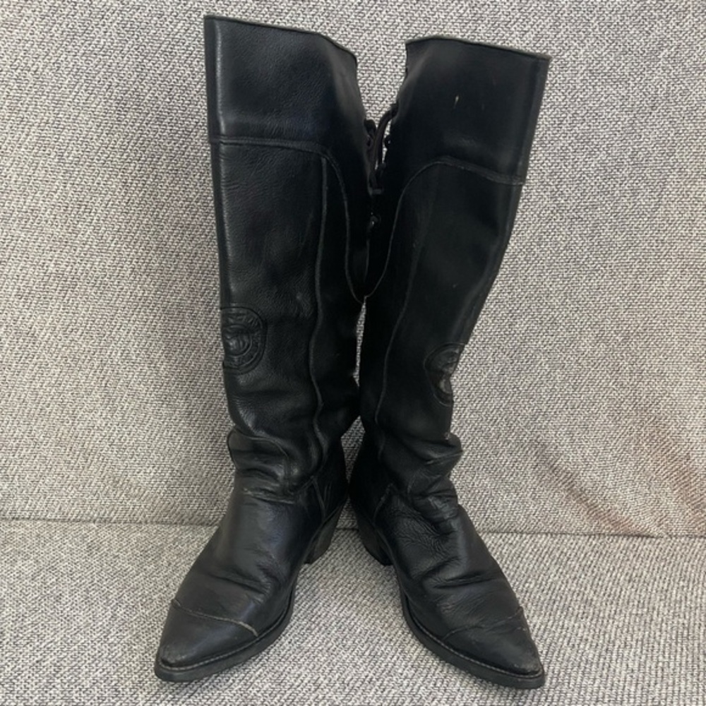 Black Leather Knee-High Cowboy Boots with Laced-up Back